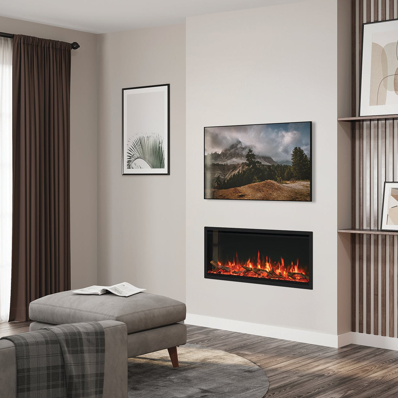 Modern living room with a fireplace, sofa, and decorative elements.