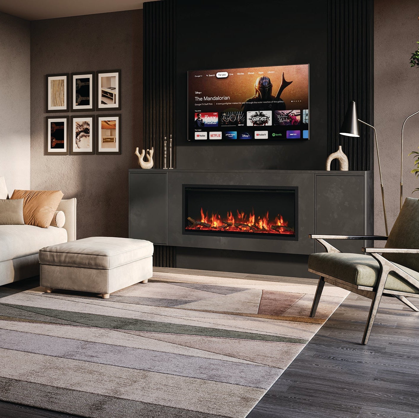 Modern living room with a fireplace, TV, and decorative elements.