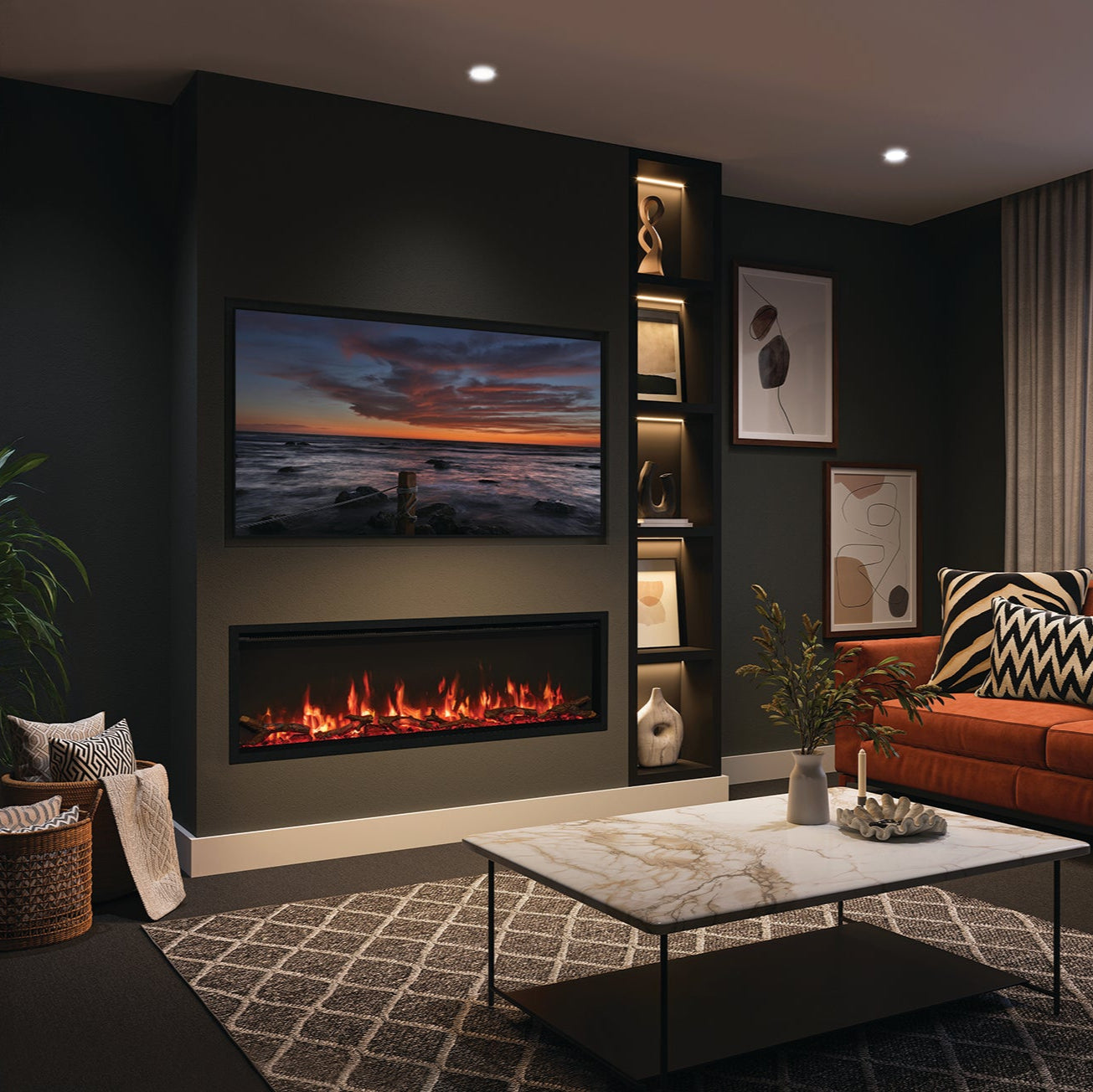 Modern living room with a red sofa, fireplace, and cityscape view.