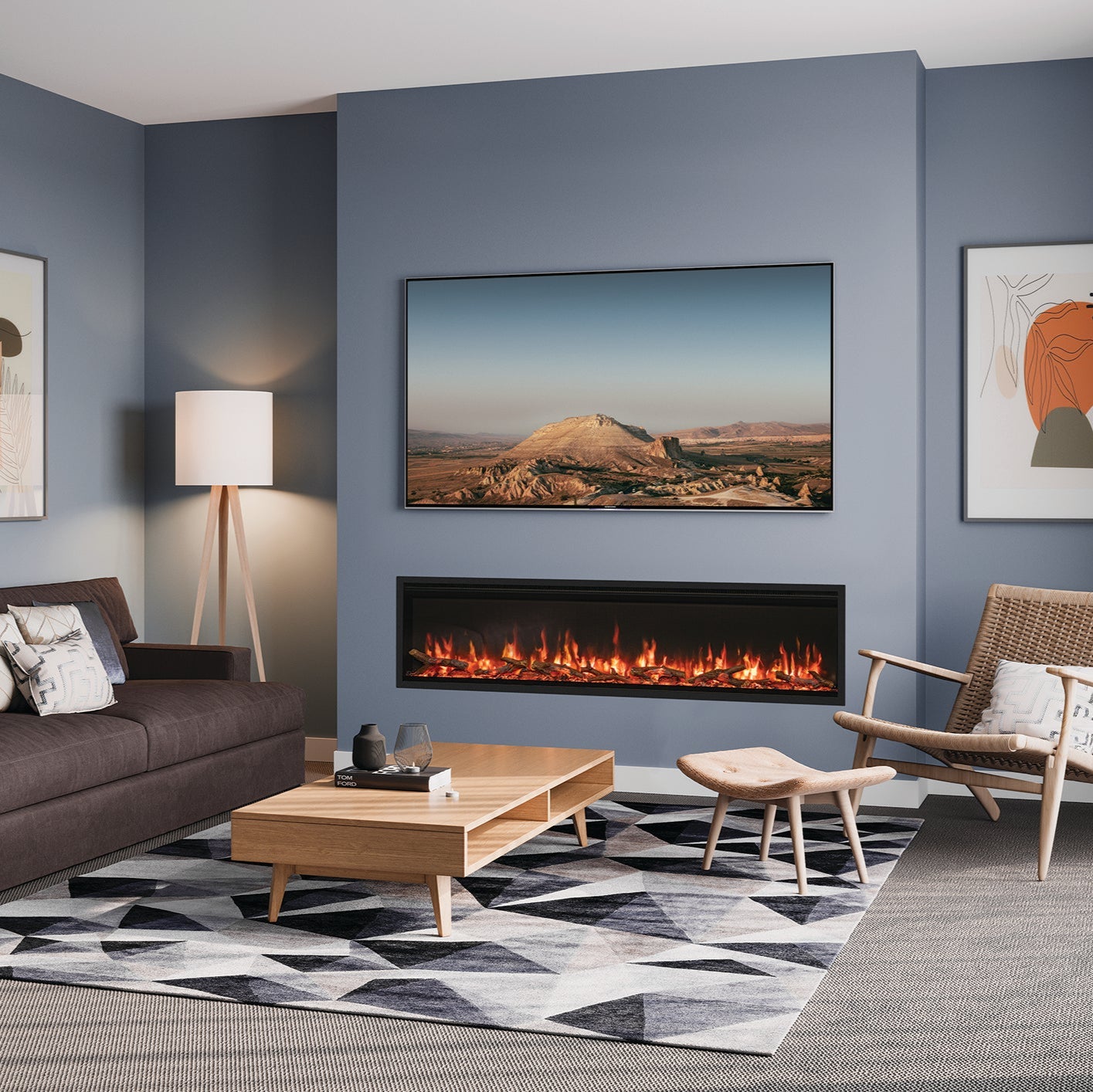 Modern living room with blue walls, a fireplace, and decorative elements.