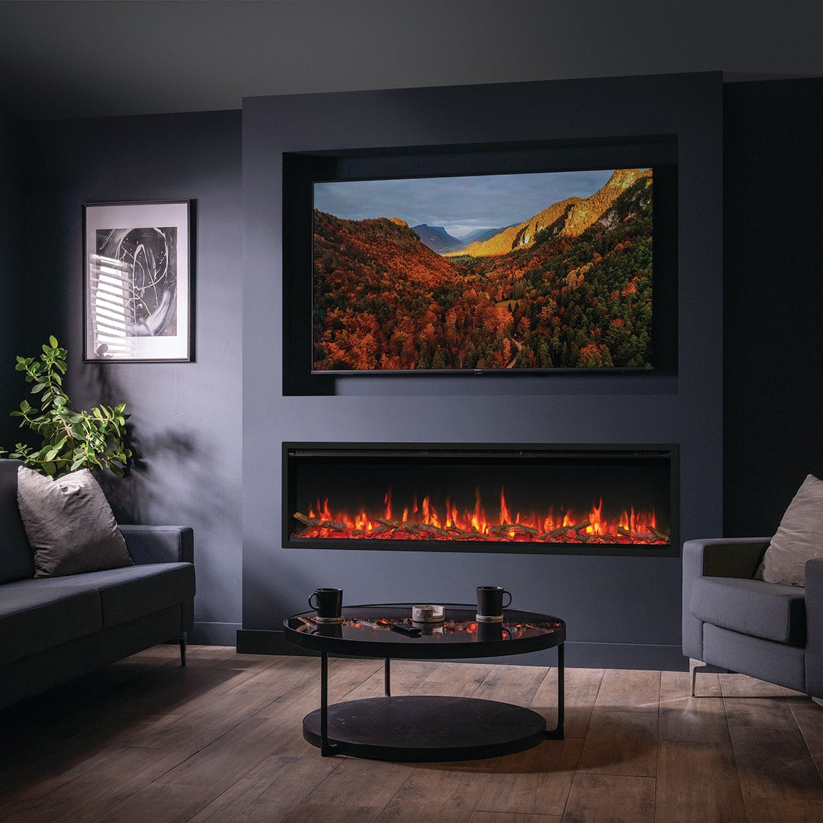 Modern living room with electric fireplace, TV, and decor.