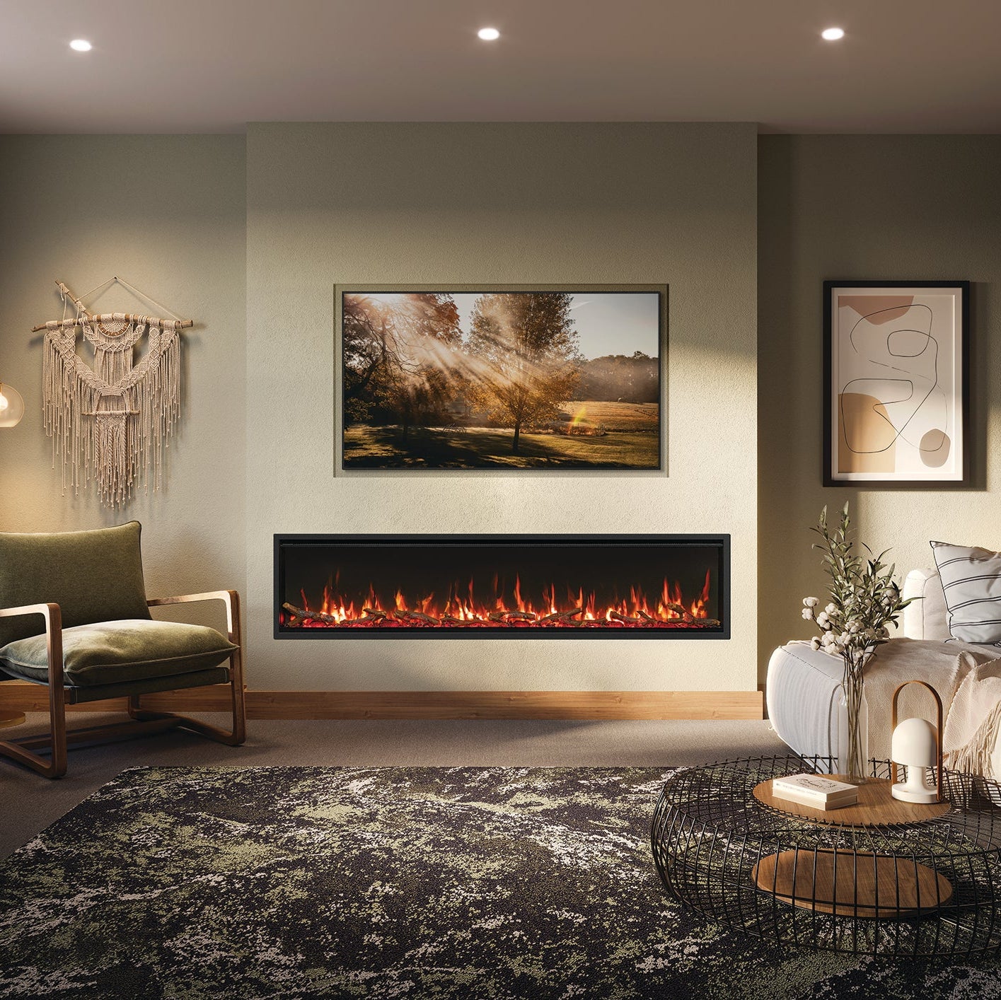 Modern living room with electric fireplace, comfortable seating, and decorative elements.