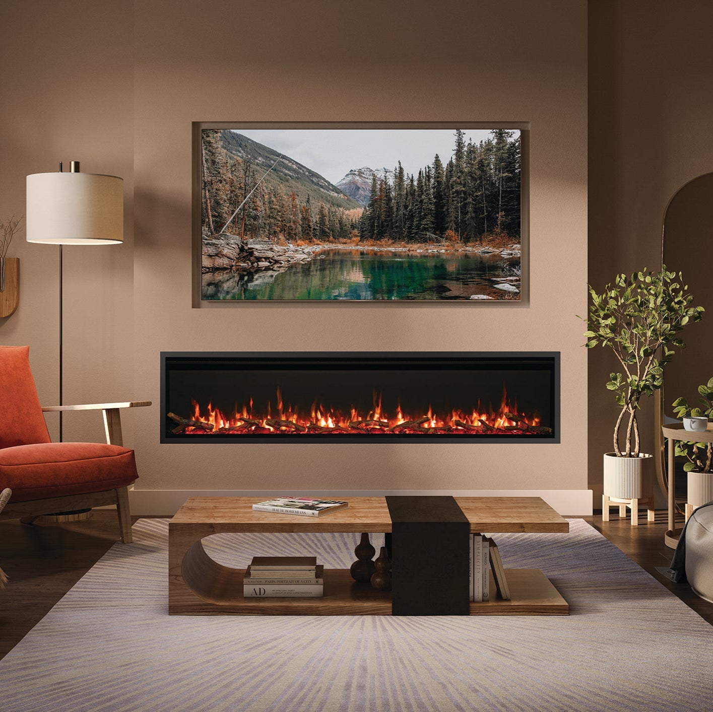 Modern living room with a fireplace, TV, and decorative items.
